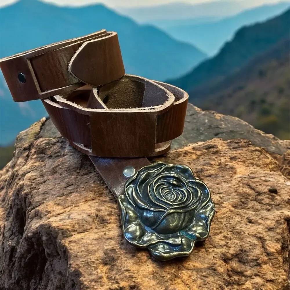 Funkie Junk Brown Leather Belt 32 w/ Rose Brass Buckle